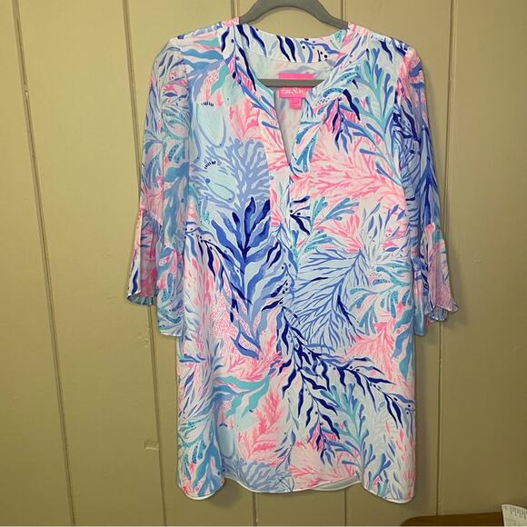 Lily Pulitzer Elenora Silk Dress. Blue tint kaleidoscope coral. Size small. - Picture 1 of 5